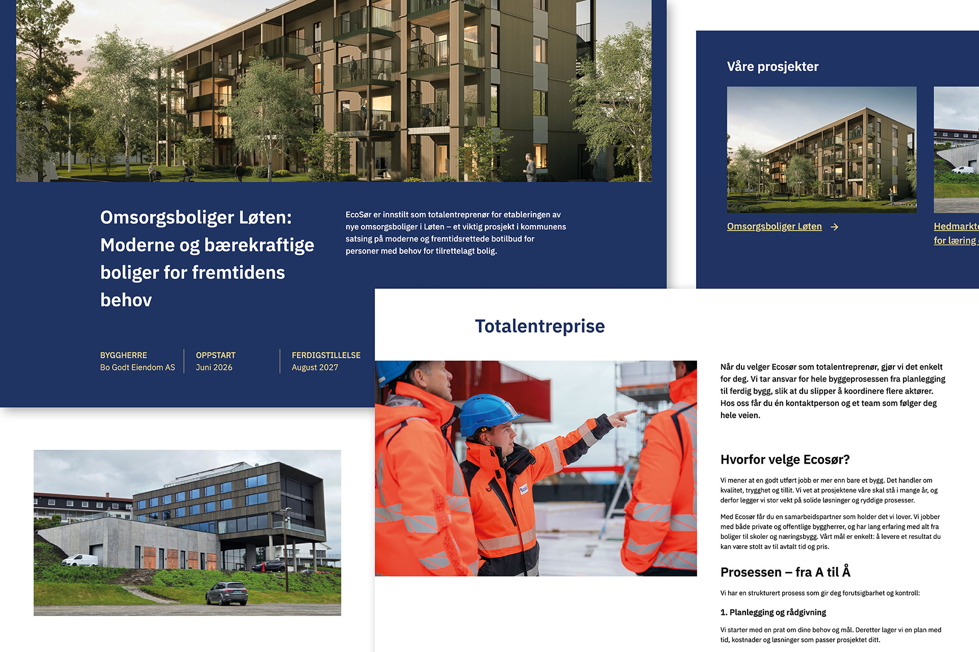 Mockup med utsnitt fra EcoSør sin nettside: en prosjektside, prosjektoversikt, et ferdigstilt bygg og en tjenesteside, laget av Haus byrå.